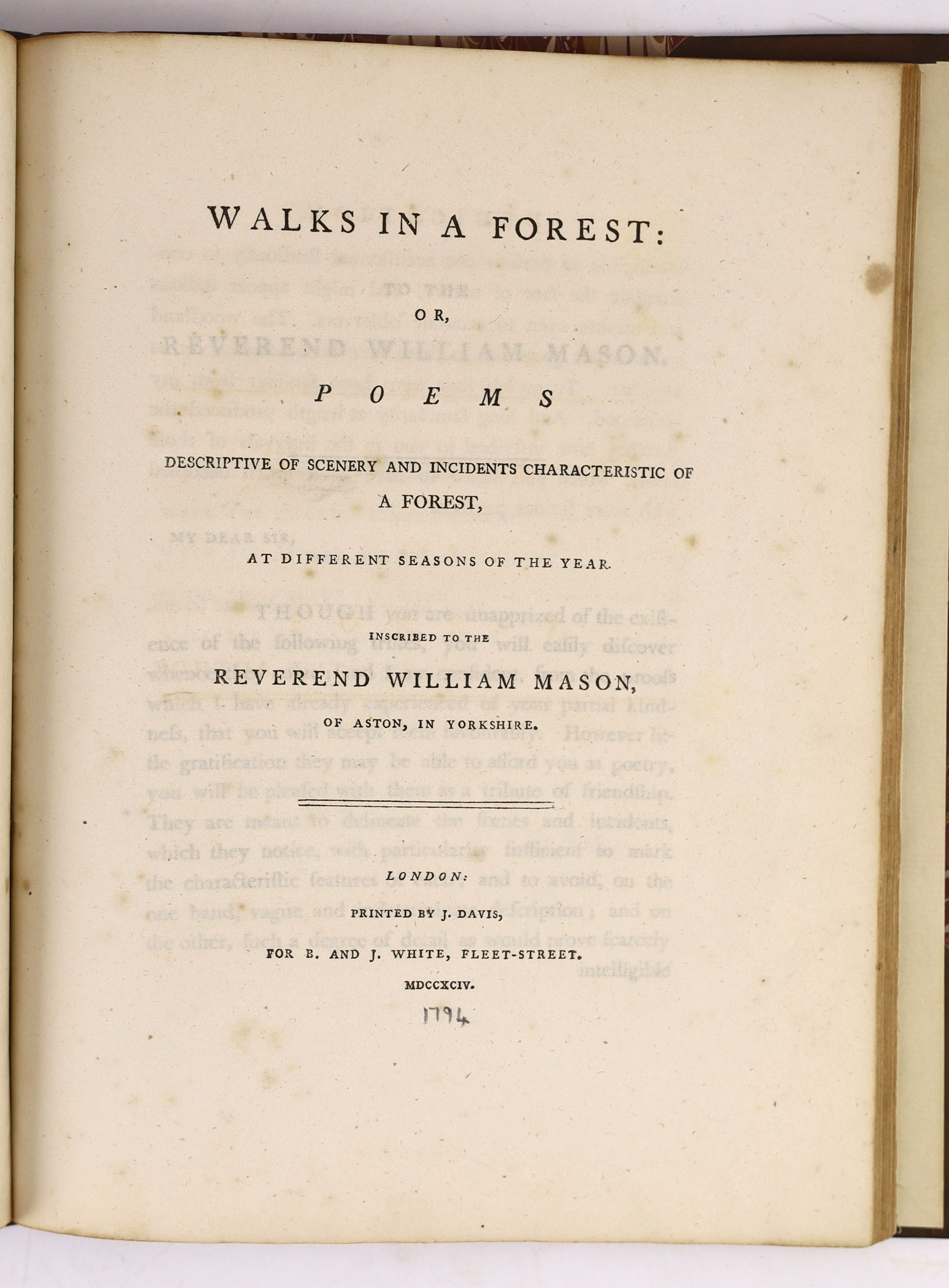 [Gisborne, Thomas] - Walks in a Forest: or, Poems descriptive of Scenery and Incidents characteristic of a Forest, at different Seasons of the Year. Inscribed to the Reverend William Mason of Aston, in Yorkshire, 4to, re